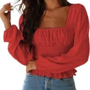 red/orange  long-sleeve smocked square neck peplum top